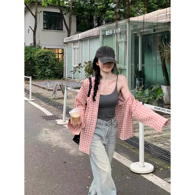 TC744-P45森系小众格纹衬衫女叠穿内搭宽松遮肉显瘦外搭开衫潮,男装衬衫,星座617A-2