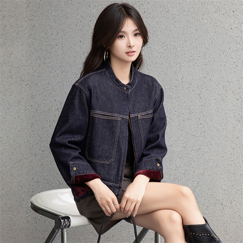 冬装圆领短款明线设计夹克衫棒球服牛仔外套加绒加厚上衣，女装牛仔外套，江南女神