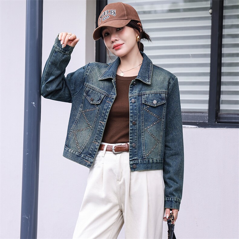 现货春秋新款美式复古短款牛仔外套水洗设计感宽松百搭夹克上衣女，女装牛仔外套，跑量工厂店