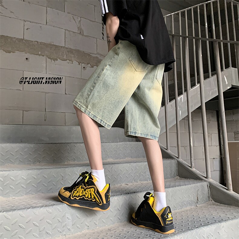 B221美式ins高街暗黑设计感直筒五分牛仔裤LK23072-P50控68,男装牛仔裤,电商B221