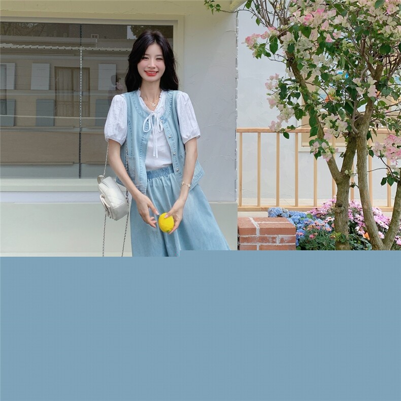韩系休闲浅蓝色牛仔套装裙2025夏季新款简约马甲T恤半身裙三件套,女装套装/套裙,吉娜