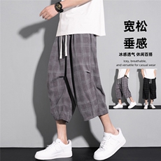 风中式宽松休闲格子七分裤男士菠萝裤垂坠感短裤K6610-特P35，男装牛仔裤，电商A006
