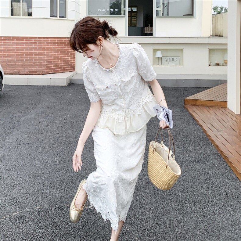 2026夏季新款套装裙女夏季法式温柔风蕾丝提花上衣半身裙两件套,女装套装/套裙,霓裳依族
