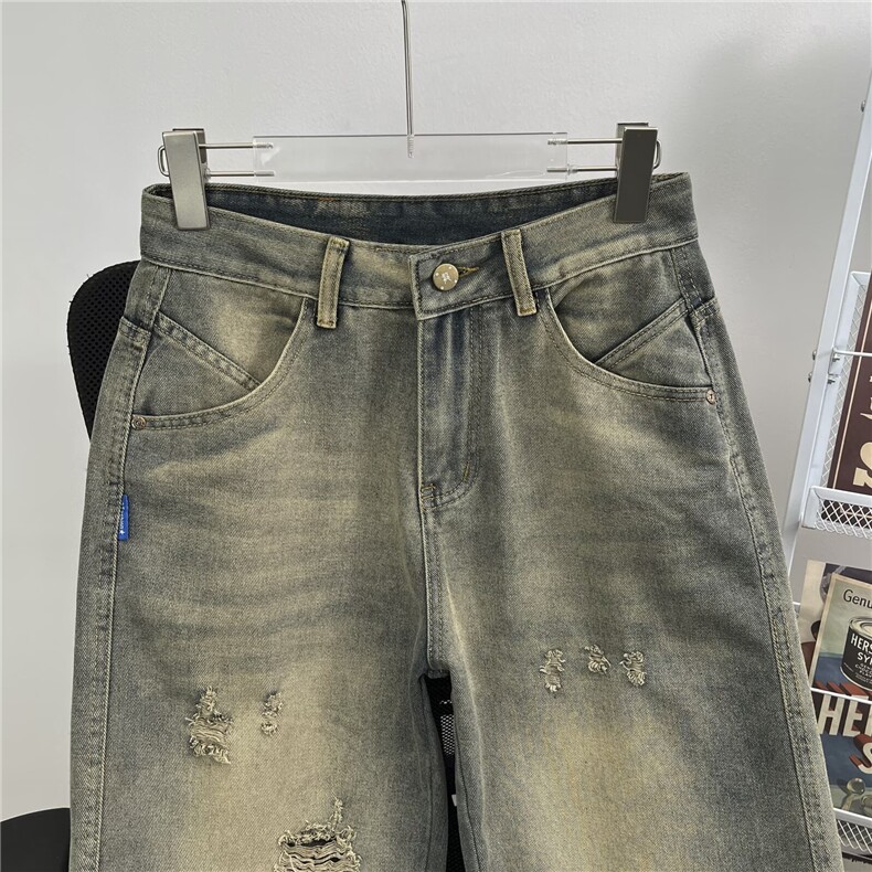 破洞修补牛仔裤男宽松直筒春秋潮流时尚美式高街水洗裤子8039/P46,男装牛仔裤,星座506B