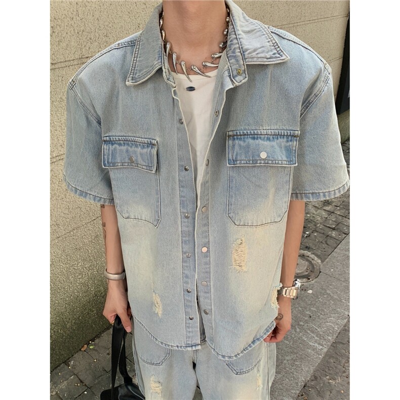 2025夏季新款小众做旧牛仔套装男一套cleanfit短袖衬衫牛仔直筒裤，男装衬衫，星座506A