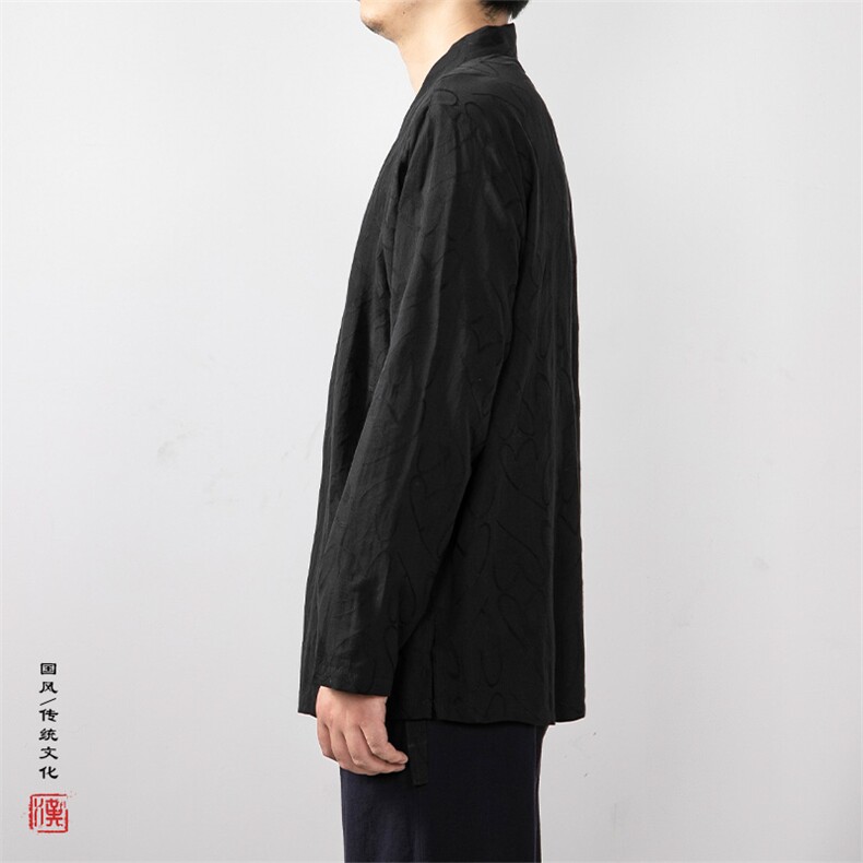 秋装新款提花男士斜襟改良长袖汉服道袍C205P70,男装民族服装,钱塘802