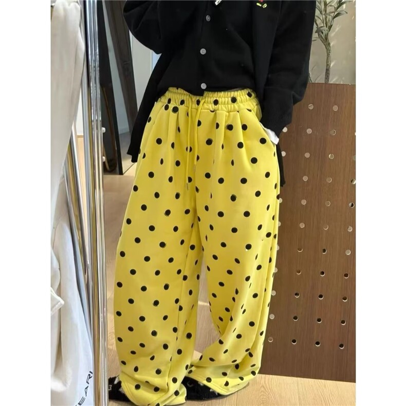 美式黄色波点刺绣加绒卫裤女冬季爵士阔腿裤运动休闲长裤子,男装休闲裤,星座1210-1