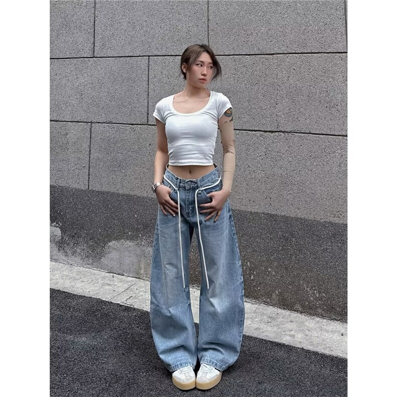 2026美式复古蓝色水洗弯刀牛仔裤男女情侣抽绳裤子K70966-P48网图,男装牛仔裤,电商B245