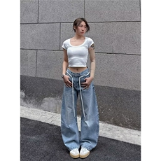 2026美式复古蓝色水洗弯刀牛仔裤男女情侣抽绳裤子K70966-P48网图，男装牛仔裤，电商B245