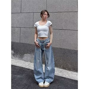 2026美式复古蓝色水洗弯刀牛仔裤男女情侣抽绳裤子K70966-P48网图图片