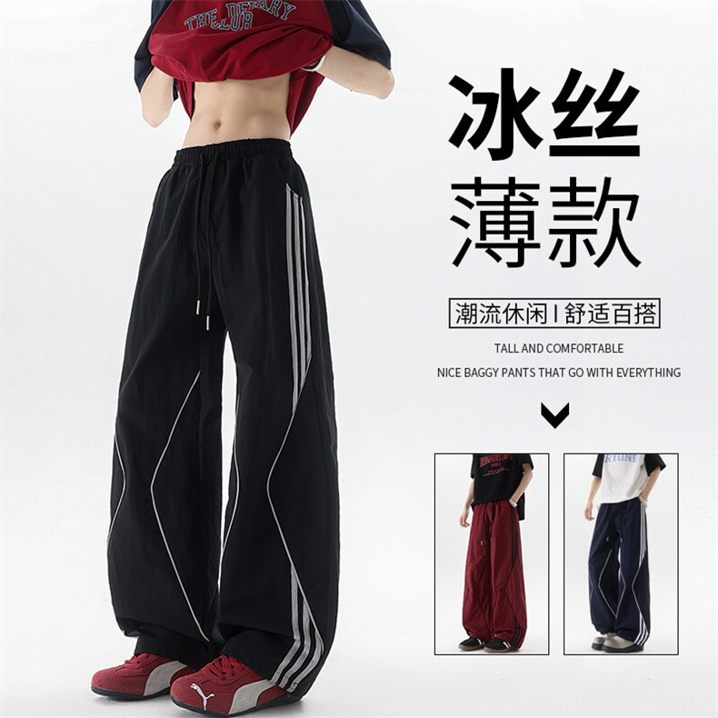美式高街条纹裤子男夏季冰丝宽松冲锋户外工装伞兵阔腿裤KZ047P55图片