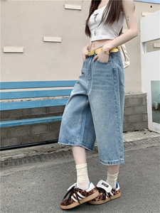 复古阔腿七分牛仔裤女夏季高腰大码胖mm宽松显瘦梨型身材直筒裤子图片