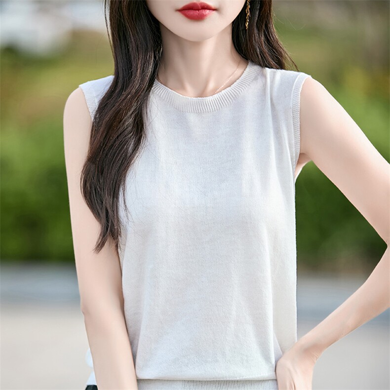 春款修身显瘦百搭时尚圆领女士纯色气质无袖上衣,女装T恤,佰米娇羊绒