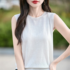 春款修身显瘦百搭时尚圆领女士纯色气质无袖上衣，女装T恤，佰米娇羊绒