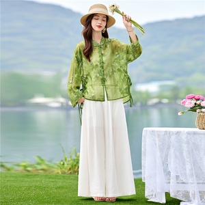 2026年夏季新中式重工刺绣衬衫防晒女宽松立领阔腿裤两件套图片