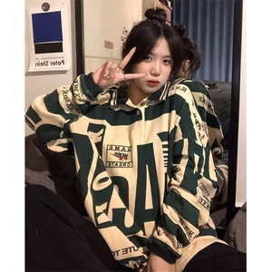 美式高街polo领卫衣女早秋新款小众复古长袖上衣外套 T673图片