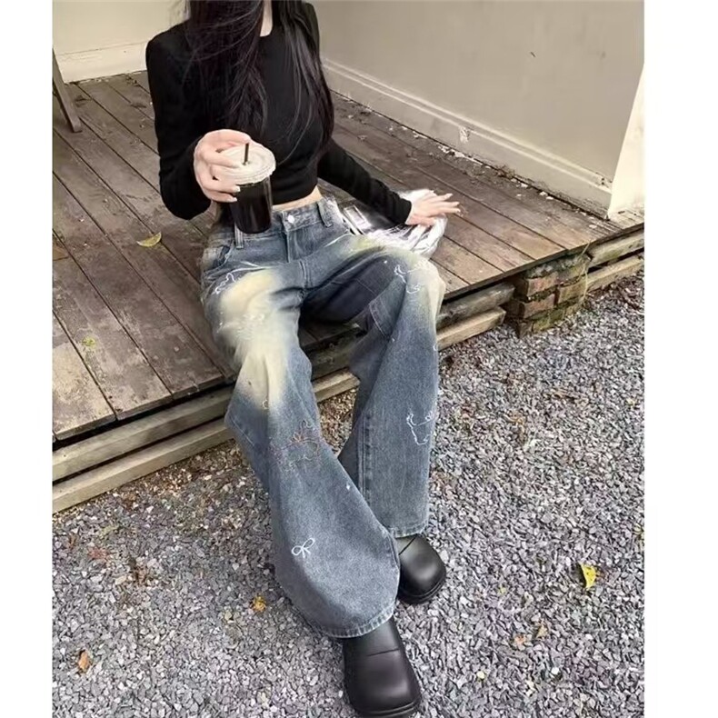 牛仔美式复古新款水洗牛仔裤女高腰显瘦直筒拖地裤长裤,男装牛仔裤,星座1210-1