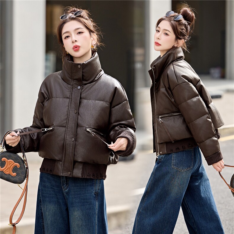 小个子短款PU皮羽绒服女2026年冬装新款白鸭绒洋气时髦免洗外套潮，女装羽绒服，意芙