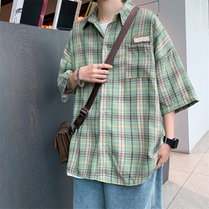 格子新款夏季短袖衬衫男港风潮流百搭宽松休闲半袖外套CS0355-P35,男装衬衫,星座308B-1