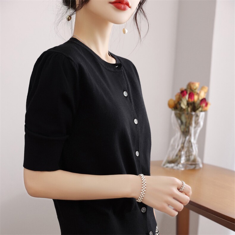 法式冰丝针织五分袖开衫女2025新款半袖薄款高腰短款配裙子小外套,针织衫/毛衣,佰旭羊绒