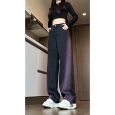 现货黑紫色拼接宽松阔腿直筒撞色休闲牛仔裤男女K5820-P50控78，男装牛仔裤，星座205