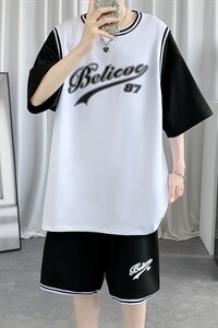 纯棉夏季短袖T恤套装青少年宽松潮流篮球服两件套男装F312P60控89图片
