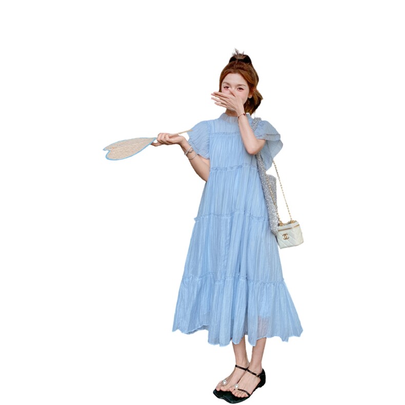 蓝色小个子巨好看的法式初恋裙子女2025夏季新款飞飞袖天丝连衣裙,女装连衣裙,2C123