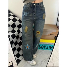 水洗直筒牛仔裤女2025夏季新款美式潮牌宽松绣花阔腿休闲拖地裤子，男装牛仔裤，星座1210-1