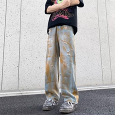 高街脏染水洗做旧破洞牛仔裤男废土风阔腿长裤1001-1-1353-P48，男装牛仔裤，星座1001-1