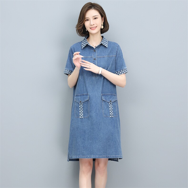 2023夏季新款时尚气质翻领显瘦休闲舒适撞色牛仔连衣裙,女装连衣裙,独衣靓