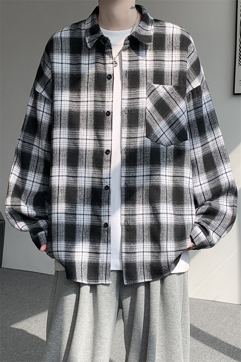 衬衫男秋季新款港风宽松大码磨毛格子长袖衬衣CS6638-特P29,男装衬衫,星座214-3
