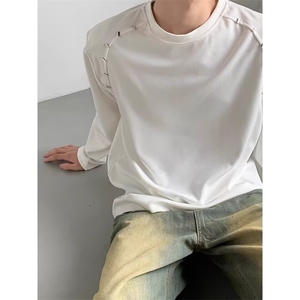 韩版重磅垫肩长袖T恤金属设计感圆领卫衣打底衫小众男女潮,潮酷热辣女生穿搭图片