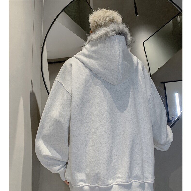 美式复古毛领情侣连帽拉链开衫卫衣秋冬男潮高级感外套D367P88,女装短外套,电商A335-1（原A458）