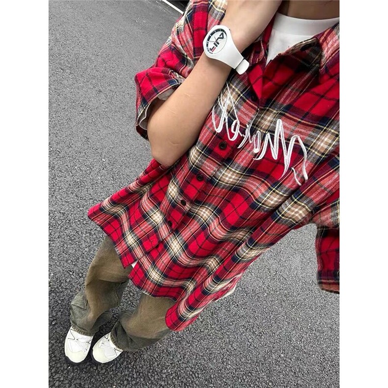 夏季红色格子短袖衬衫男美式复古街头青少年痞帅外套潮牌休闲衬衣,男装T恤,星座601-1