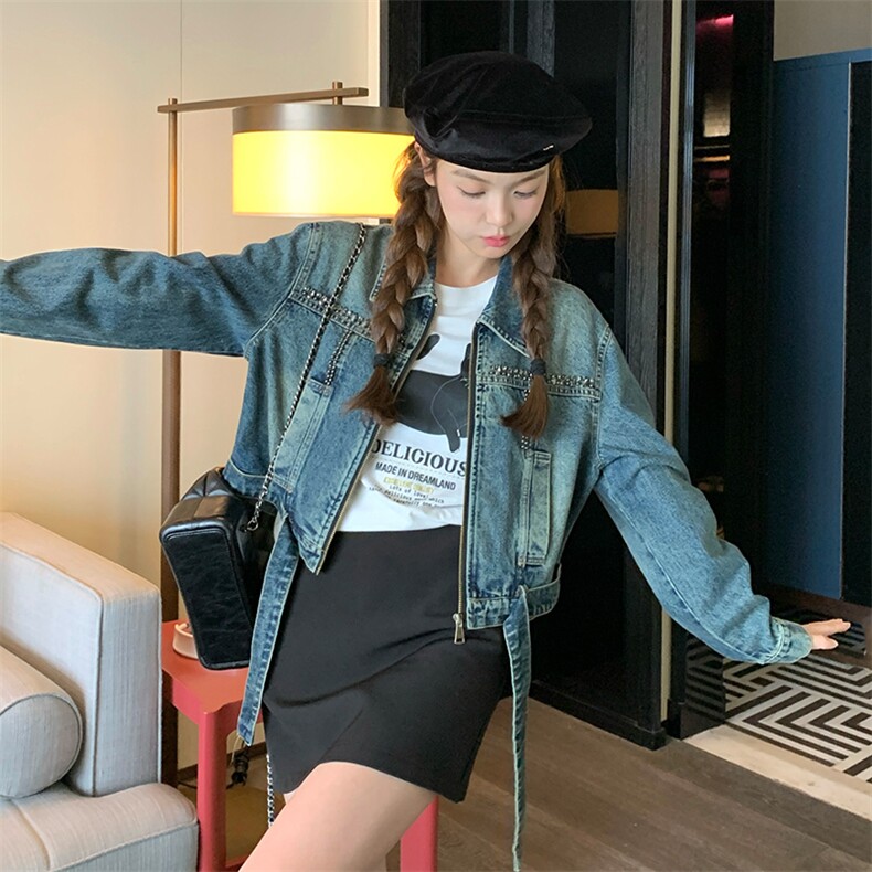 港味酷飒风男友控牛仔夹克女春秋新款韩版小个子美式显瘦短款外套,女装牛仔外套,纯色衣恋