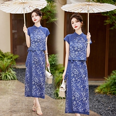 新中式棉麻套装裙女2024夏天新品气质高端麻料苎麻印花时尚两件套，女装套装/套裙，依如秀(原杭风阁)
