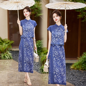 新中式棉麻套装裙女2024夏天新品气质高端麻料苎麻印花时尚两件套图片