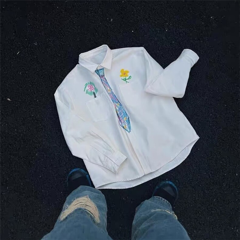 美式复古创意设计感蜡笔手绘领带衬衫趣味学院风涂鸦衬衣男女,男装衬衫,星座1210-1