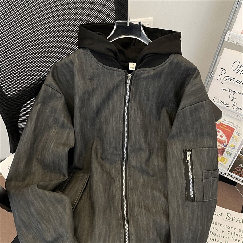 美式复古假两件连帽皮衣外套男潮牌春秋拼接小众纹理感棒球服夹克图片