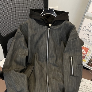 美式复古假两件连帽皮衣外套男潮牌春秋拼接小众纹理感棒球服夹克图片
