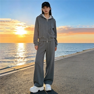 运动休闲时尚套装女春季新款假两件拉链开衫连帽卫衣直筒裤两件套图片