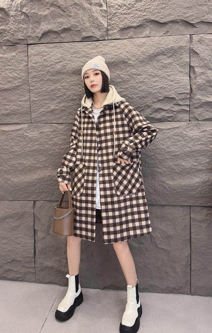 秋冬新款带帽格子大衣，其它，与跃