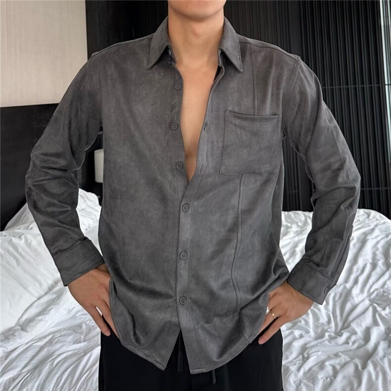 潮牌痞帅外套男士秋冬麂皮绒纯色内搭衬衫高街上衣服长袖衬衣,男装衬衫,星座506A