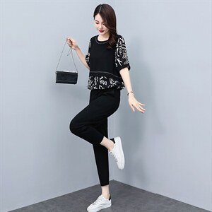 时尚休闲套装2022夏季新款韩版宽松大码女装两件套裤子，女装套装/套裙，素月