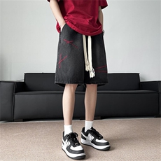 刺绣线条编织抽绳牛仔短裤男潮牌复古水洗ins五分裤子T17044-p40，男装牛仔裤，星座1008