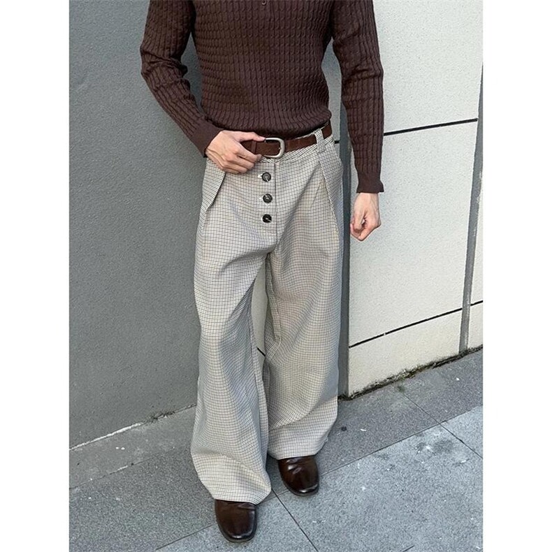 千鸟格复合打褶排扣a字阔腿西裤老钱风cleanfit通勤百搭，男装西裤，四季星座505