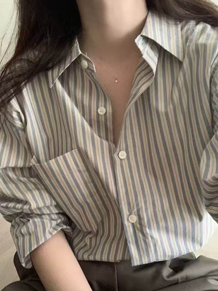 蓝色条纹通勤衬衫女新款设计感风上衣宽松衬衣513CS1876P37,男装衬衫,星座513