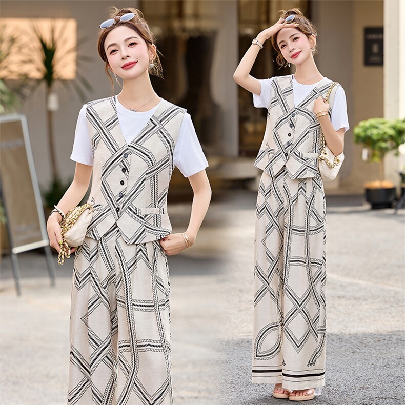 复古印花棉麻套装女夏2025新款洋气无袖马甲短袖T恤阔腿裤三件套，女装套装/套裙，布芭啦