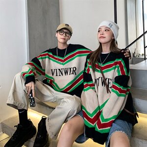 秋冬情侣宽松ins外穿加厚套头慵懒针织衫潮流个性毛衣QT811图片