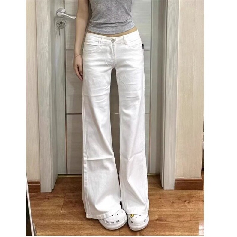 简约白色微喇低腰牛仔裤女春秋季新款高腰韩版ins休闲百搭拖地裤，女装牛仔裤，星座506A